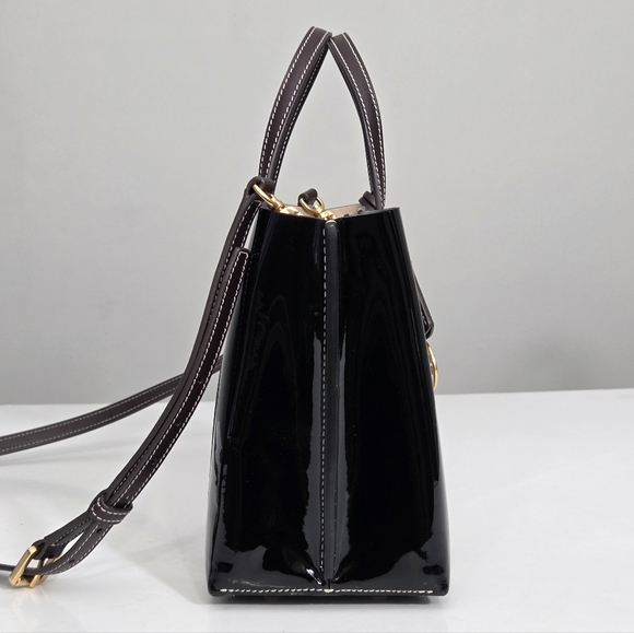EXCELLENT TORY BURCH PERRY PATENT SMALL TRIPLE COMPARTMENT TOTE BAG - BLACK - Picture 6 of 11